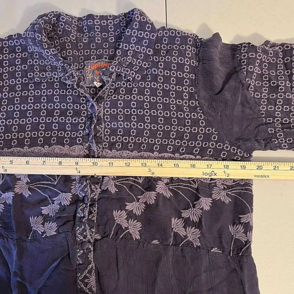 Johnny Was Sheer Floral Embroidered Eyelet Blouse Boho Purple Button Up Sz Large - Picture 6 of 8